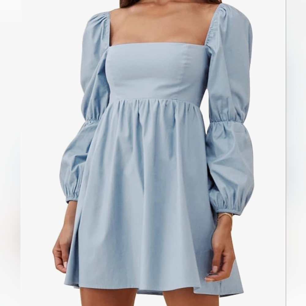 Womens Square Neck Dress Long Puff Sleeve A-Line Casual Short Mini Dress